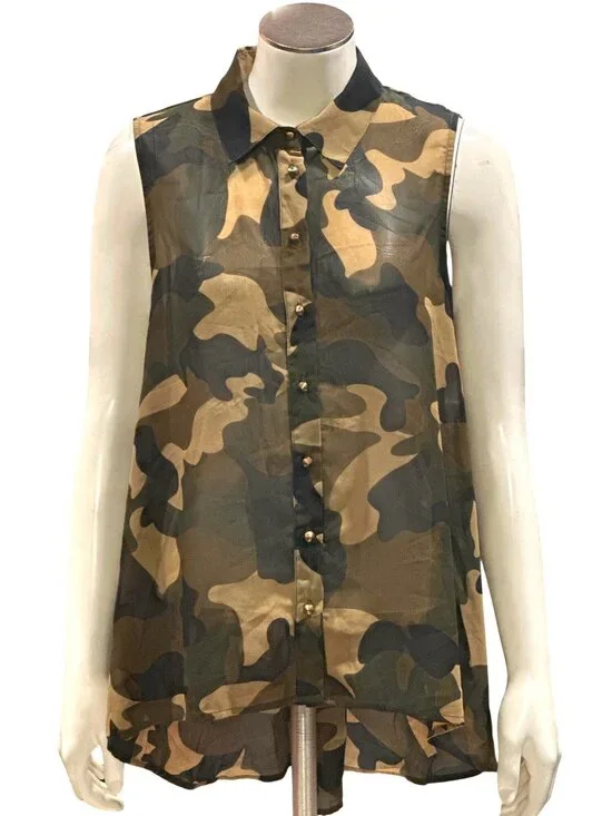 Forever 21 Medium Brown Black Camo Sleeveless Chiffon Blouse Grunge Utility Core - Picture 2 of 12